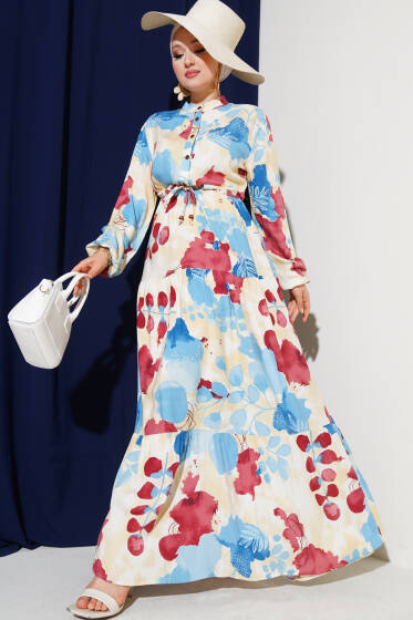 Bel Tünelli Düğmeli Desenli Elbise Mavi - Tesettür Elbise