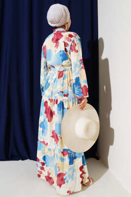 Bel Tünelli Düğmeli Desenli Elbise Mavi - Tesettür Elbise