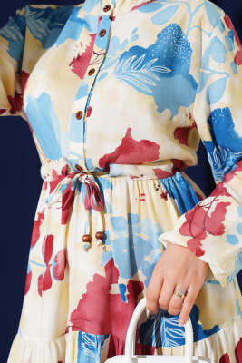 Bel Tünelli Düğmeli Desenli Elbise Mavi - Tesettür Elbise