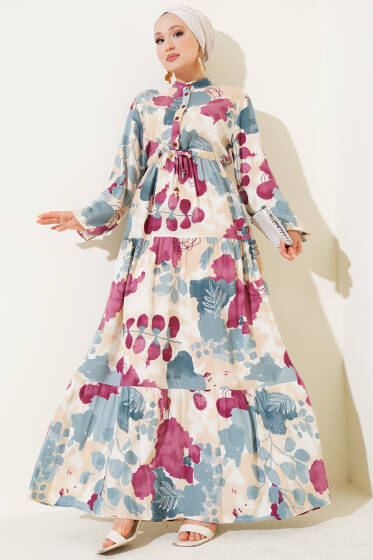 Bel Tünelli Düğmeli Desenli Elbise Mint - Elbise