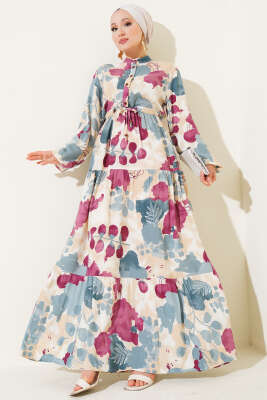 Bel Tünelli Düğmeli Desenli Elbise Mint 