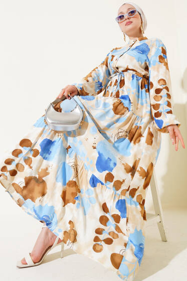 Bel Tünelli Düğmeli Desenli Elbise Taba - Elbise