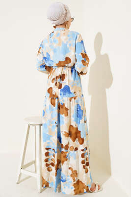 Bel Tünelli Düğmeli Desenli Elbise Taba - Tesettür Elbise