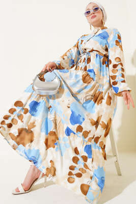 Bel Tünelli Düğmeli Desenli Elbise Taba