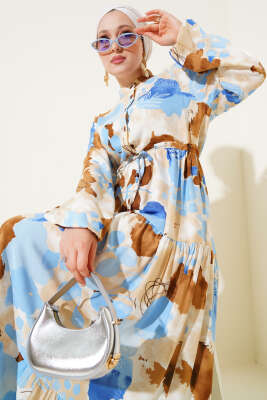 Bel Tünelli Düğmeli Desenli Elbise Taba - Tesettür Elbise