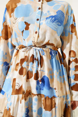 Bel Tünelli Düğmeli Desenli Elbise Taba - Tesettür Elbise