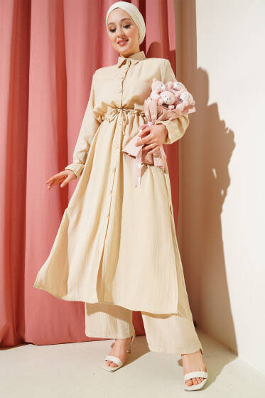 Bel Tünelli Düğmeli Uzun Gömlek İkili Takım Bej - İkili Takım