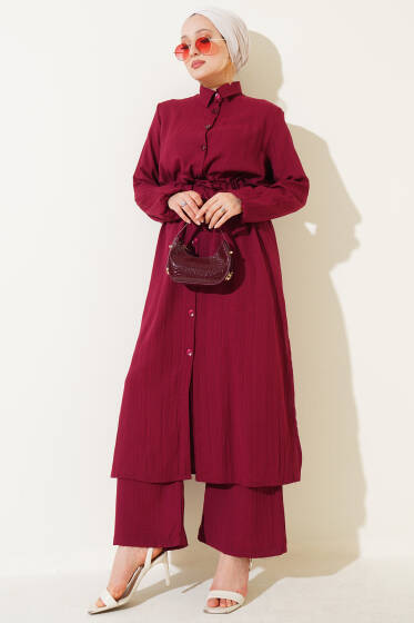 Bel Tünelli Düğmeli Uzun Gömlek İkili Takım Bordo - İkili Takım