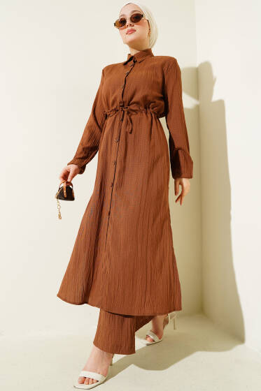 Bel Tünelli Düğmeli Uzun Gömlek İkili Takım Kahve - İkili Takım