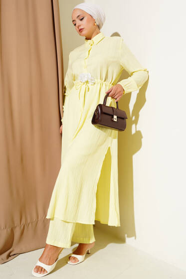Bel Tünelli Düğmeli Uzun Gömlek İkili Takım Sarı - İkili Takım