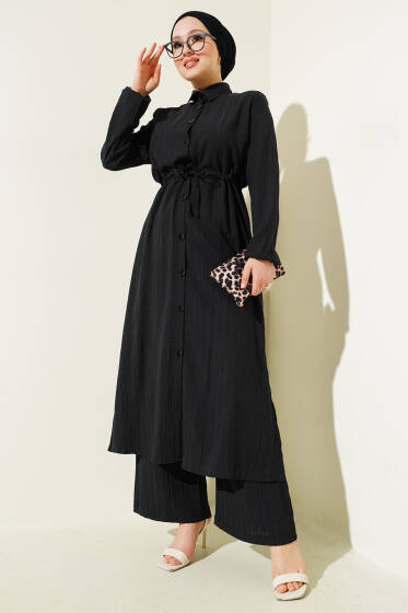 Bel Tünelli Düğmeli Uzun Gömlek İkili Takım Siyah - İkili Takım