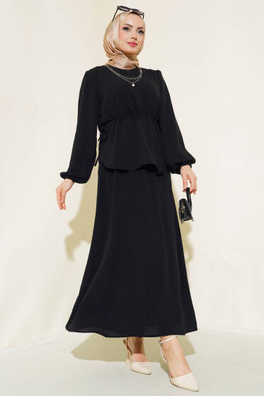 Bel Tünelli Etekli Ayrobin İkili Takım Siyah - İkili Takım