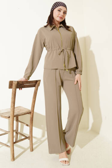 Bel Tünelli Fermuarlı Basic İkili Takım Bej - Kadın Giyim Modelleri
