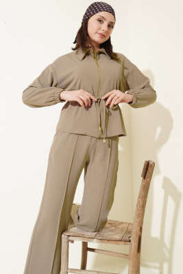 Bel Tünelli Fermuarlı Basic İkili Takım Bej - Kadın Giyim Modelleri