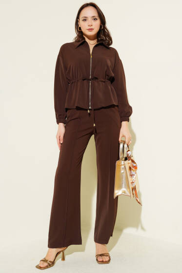 Bel Tünelli Fermuarlı Basic İkili Takım Kahve - Kadın Giyim Modelleri