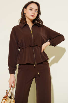 Bel Tünelli Fermuarlı Basic İkili Takım Kahve - Kadın Giyim Modelleri