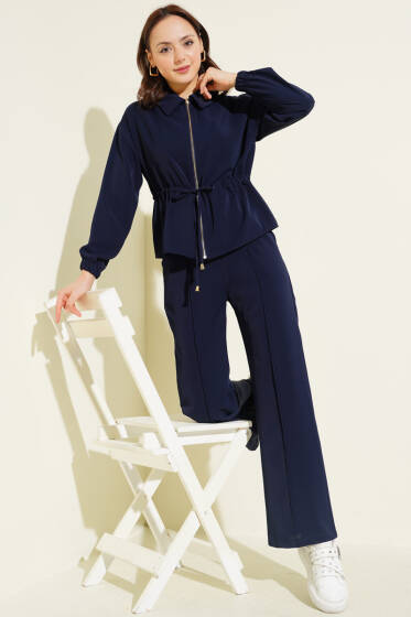 Bel Tünelli Fermuarlı Basic İkili Takım Lacivert - Kadın Giyim Modelleri
