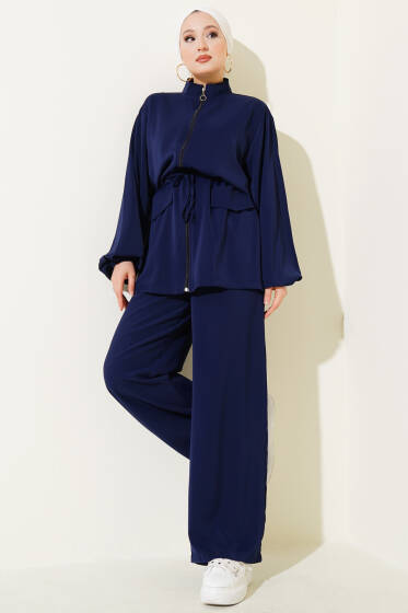 Bel Tünelli Fermuarlı Cep Kapaklı İkili Takım Lacivert - İkili Takım