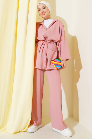 Bel Tünelli Fermuarlı Cep Kapaklı İkili Takım Pembe - İkili Takım