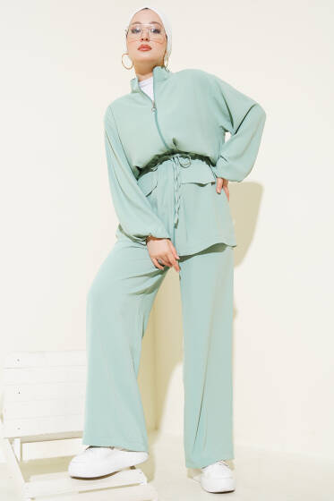 Bel Tünelli Fermuarlı Cep Kapaklı İkili Takım Su Yeşili - İkili Takım