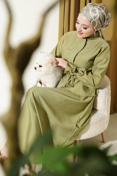 Bel Tünelli Fermuarlı Etekli İkili Takım Çağla Yeşili - İkili Takım