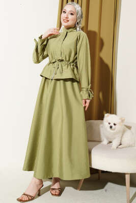 Bel Tünelli Fermuarlı Etekli İkili Takım Çağla Yeşili - İkili Takım