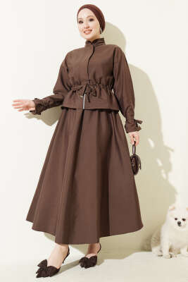 Bel Tünelli Fermuarlı Etekli İkili Takım Kahve - HBS