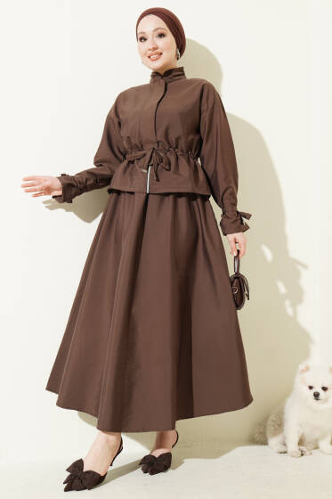 Bel Tünelli Fermuarlı Etekli İkili Takım Kahve - İkili Takım