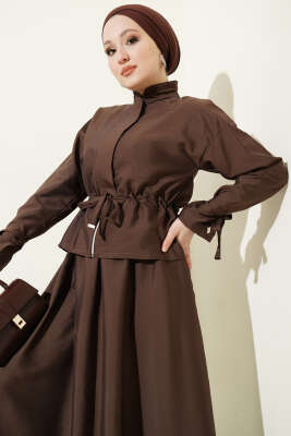 Bel Tünelli Fermuarlı Etekli İkili Takım Kahve - İkili Takım