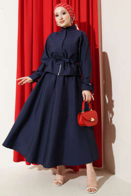 Bel Tünelli Fermuarlı Etekli İkili Takım Lacivert - HBS