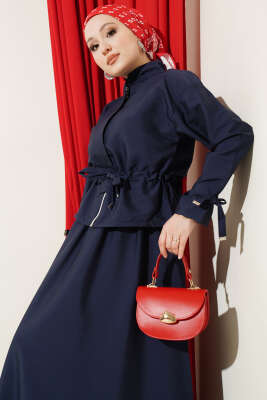 Bel Tünelli Fermuarlı Etekli İkili Takım Lacivert - İkili Takım