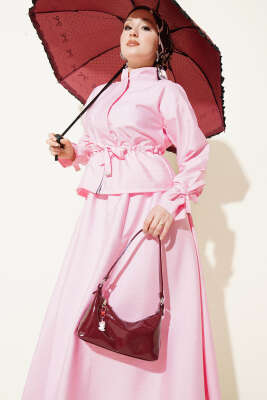 Bel Tünelli Fermuarlı Etekli İkili Takım Pembe 