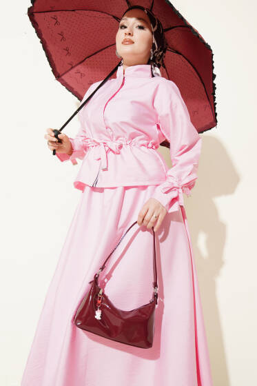 Bel Tünelli Fermuarlı Etekli İkili Takım Pembe - İkili Takım