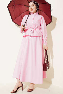 Bel Tünelli Fermuarlı Etekli İkili Takım Pembe - İkili Takım