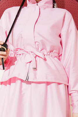 Bel Tünelli Fermuarlı Etekli İkili Takım Pembe - İkili Takım