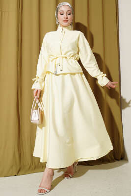 Bel Tünelli Fermuarlı Etekli İkili Takım Sarı 