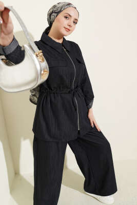 Bel Tünelli Fermuarlı Kot İkili Takım Lacivert - HATUN