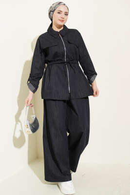 Bel Tünelli Fermuarlı Kot İkili Takım Lacivert - İkili Takım