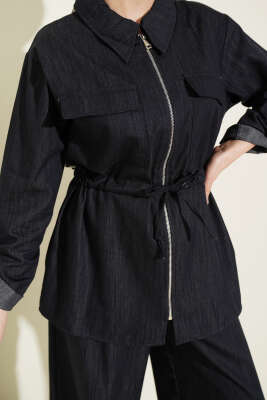 Bel Tünelli Fermuarlı Kot İkili Takım Lacivert - İkili Takım