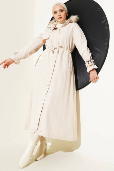 Bel Tünelli Fermuarlı Kaban Ekru - Kaban