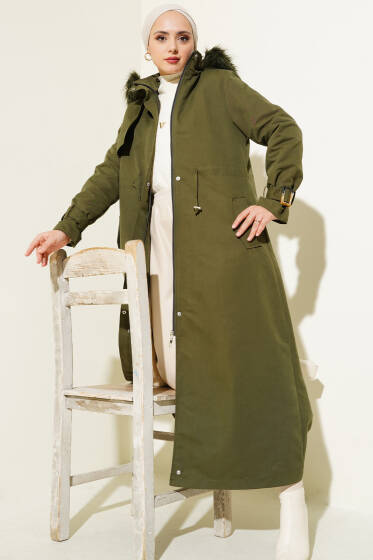 Bel Tünelli Fermuarlı Kaban Haki - Kaban