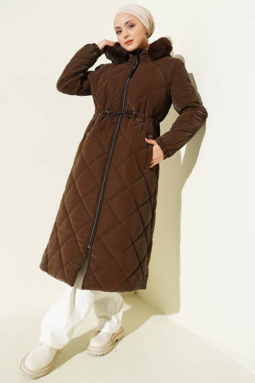 Bel Tünelli Fermuarlı Kapüşonlu Kapitone Mont Kahve - Mont