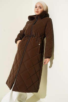 Bel Tünelli Fermuarlı Kapüşonlu Kapitone Mont Kahve - Mont