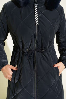 Bel Tünelli Fermuarlı Kapüşonlu Kapitone Mont Lacivert - Mont