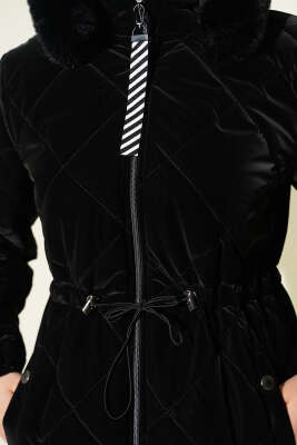 Bel Tünelli Fermuarlı Kapüşonlu Kapitone Mont Siyah - Mont