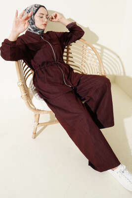 Bel Tünelli Fermuarlı Kot İkili Takım Bordo - HATUN