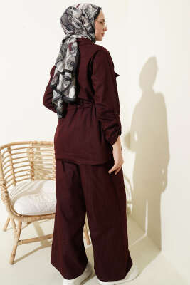 Bel Tünelli Fermuarlı Kot İkili Takım Bordo - İkili Takım