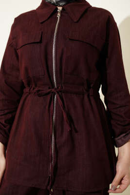 Bel Tünelli Fermuarlı Kot İkili Takım Bordo - İkili Takım