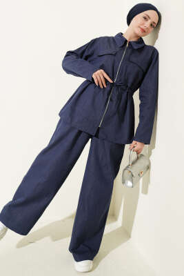 Bel Tünelli Fermuarlı Kot İkili Takım İndigo - HATUN