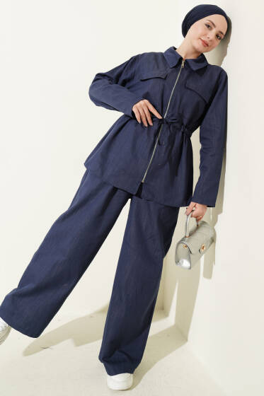Bel Tünelli Fermuarlı Kot İkili Takım İndigo - İkili Takım